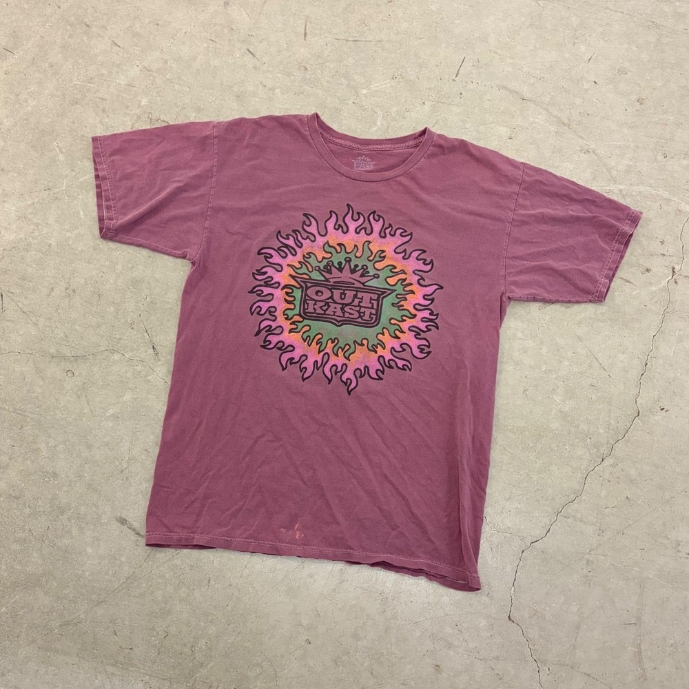 OutKast Graphic T-Shirt Mens Large Maroon Neon Sunburst Lyric Print Hip Hop Tee